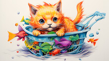 Kitty Sitting In A Bucket Close-up On A White Background