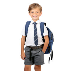 5 years old boy student with backpack posing on a transparent background