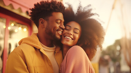 smiling black african american young couple hugging her boyfriend for valentine's day, generative ai