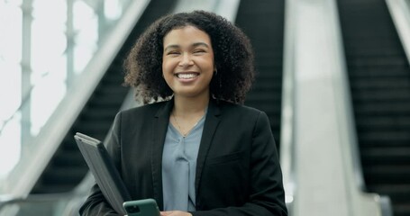 Poster - face, business and woman with a smartphone, smile or accountant with career success, folder and happ
