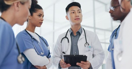 Poster - Asian doctor, people and technology in meeting, surgery planning or treatment feedback in research hospital. Talking, diversity and healthcare nurses on tablet, teamwork and leadership collaboration