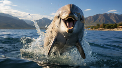 Wall Mural - A dolphin jumps out of the sea water. Sea animals concept. AI generated.