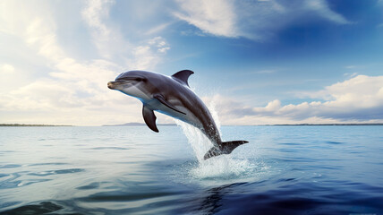 A dolphin jumps out of the sea water. Sea animals concept. AI generated.