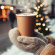 Hands holding a warm cup of coffee against the background of a Christmas tree with lights. Cozy home, atmospheric winter hygge. Woman's hands in mittens and a warm sweater hold a stylish mug under bok
