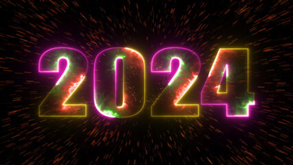 Poster - Glowing neon text 2024 line and bold light blue neon shining typography with sparkle firework on black isolated background