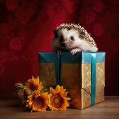 Poster - A hedgehog sitting in a gift box with sunflowers. Generative AI.