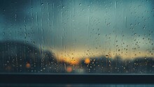 Rain Drops On Window Glass With Blurred Background. The Concept Of Calm Life