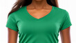 Cropped view of a woman in a green V-neck T-shirt mockup on a white background, highlighting the neckline and fit
