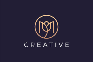 Wall Mural - Letter M Lotus Flower  circle Logo Design Vector