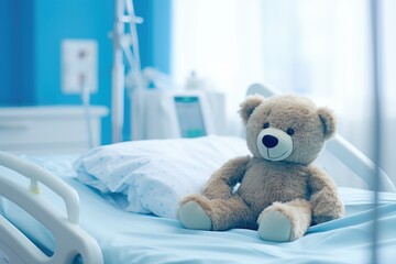 Banner with cute teddybear toy on patient bed at hospital. Health center or hospital room for young patient. Healthcare and childhood concept