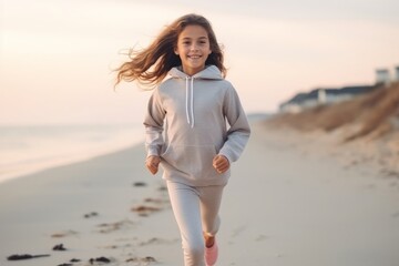 Wall Mural - Portrait of cute little girl running on the beach at early morning