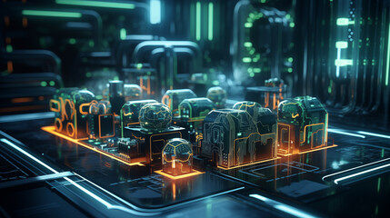 Large futuristic room or factory with technological blocks and pipes.  Neon lighting, laser beams, black walls and a glossy floor.  Green and yellow lights.  3d rendering