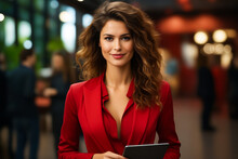 Woman In Red Shirt Holding Tablet Computer In Her Hands.