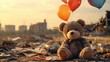 Kids teddy bear toy with balloons over city burned destruction of an aftermath war conflict, earthquake or fire and smoke of world war against children peace innocence concept 