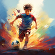 cool design of a young soccer player kid boy football child in a court 