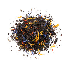 Sticker - Heap of black tea with dried flower leaves isolated on white background close up