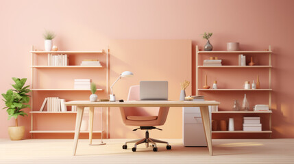 Poster - A modern, beautiful workspace, an office in delicate peach colors with an armchair, a computer, a table, a houseplant and a shelf with books. Trending fashionable interior design in 2024.