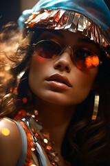 Poster - Woman wearing sunglasses and hat with feathers on it.