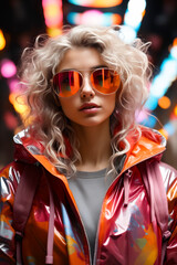 Poster - Woman with blonde hair wearing sunglasses and jacket.