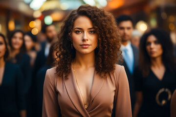 Sticker - Woman with curly hair and tan top is standing in crowd.