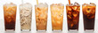  glasses of various iced drinks  lined up in a row