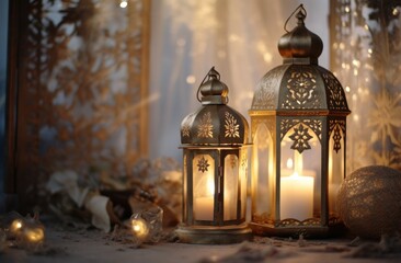 candles on top of an ornate lantern with ornaments in the middle