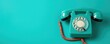© serg3d - A vibrant teal retro rotary dial telephone on an aqua-colored backdrop, evoking a playful mid-century modern vibe. Generative AI.