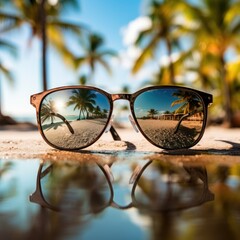 Poster - a pair of sunglasses placed on a surface on the beach, with the reflection of palm trees in the lenses; .