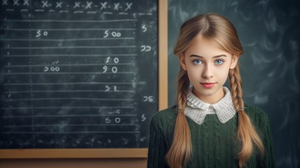 Girl posing against blackboard background at school, copy space - generative ai