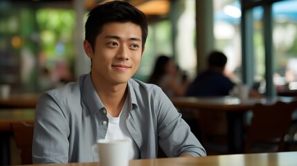 A young man in casual business attire sits in a café, looking relaxed and contemplative with a coffee cup in front