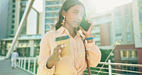 Canvas Print - Businesswoman, phone call and coffee on work trip or online communication, travel connection urban professional. Indian woman, mobile device and caffeine drink on bridge for walk, corporate or chat