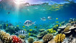 Vivid underwater scene with diverse tropical fish near coral reef under sunlit water surface