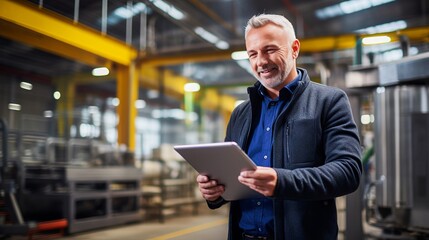 A man using a tablet to monitor the production process in a high-tech factory