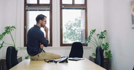 Poster - Speaker, phone call and business man in office for virtual meeting, discussion and conversation. Conference, corporate and worker on telephone for communication, networking and talking in workplace