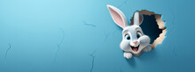 Easter Bunny Poster Peeking Out Of A Hole In The Wall With Copy Space, Rabbit Jumps Out Of A Torn Hole 