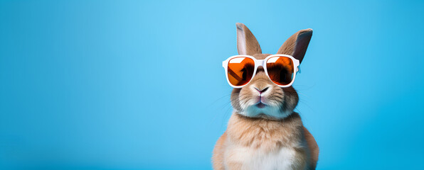 A cool easter bunny banner on a blue background with copy space