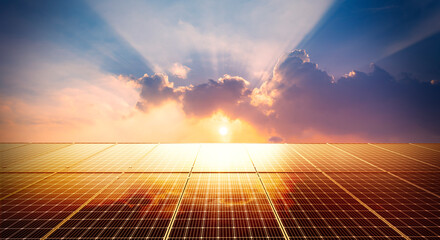 Wall Mural - solar panels reflect sparkling light from the sunrise ,photovoltaic clean energy and environment. 3d