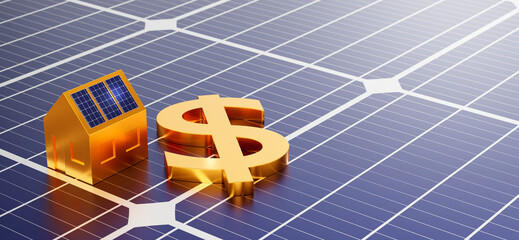 Wall Mural - golden home model and us dollar sign on solar panels.business and technology and smart city ,investm