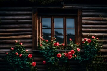 Canvas Print - **A window of a wood house with roses in front.