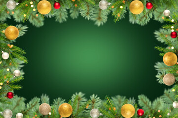 Wall Mural - christmas tree branches with red, gold and silver balls and bokeh lights from light bulbs. green bac