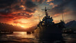 patriotic sunrise and the warship in silhouette landscape. Generative AI