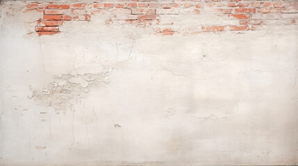 Poster - Red White Wall Background. Old Grungy Brick Wall Horizontal Texture. Brickwall Backdrop. Stonewall Wallpaper. Vintage Wall With Peeled Plaster. Retro Grunge Wall. Brick Wall With White  Stucco crack