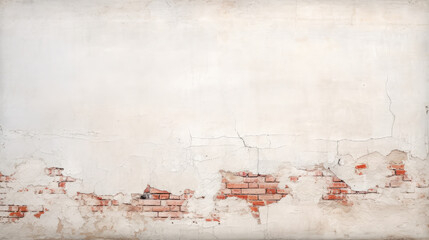Poster - Red White Wall Background. Old Grungy Brick Wall Horizontal Texture. Brickwall Backdrop. Stonewall Wallpaper. Vintage Wall With Peeled Plaster. Retro Grunge Wall. Brick Wall With White  Stucco crack