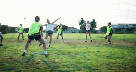 Poster - Team, soccer and women score goal at field, exercise or workout in competition. Group, kick and girls play football on grass, game or sports training, celebrate and athlete at stadium match in summer