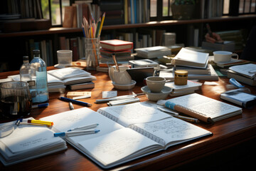 Poster - A library table covered in books and notebooks, showcasing the intellectual depth of a thoughtful brainstorming process. Generative Ai.