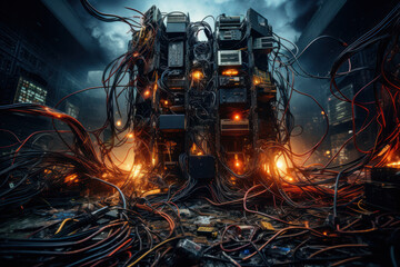 Poster - A tangled mess of wires and cables, symbolizing the challenges of modern technology and connectivity. Concept of digital chaos and troubleshooting. Generative Ai.