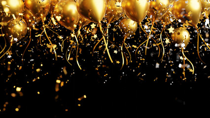 Wall Mural - Gold balloons with foil confetti falling on black background 3d render