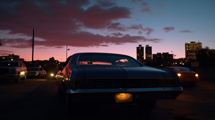 Poster - Vintage muscle car parked on the street at night. 80s styled synthwave retro scene with powerful drive in evening