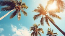 Blue Sky And Palm Trees View From Below, Vintage Style, Tropical Beach And Summer Background, Travel Concept Generative Ai