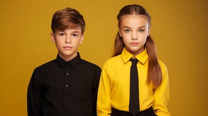 Front view of cute american girl and boy posing together, in school uniforms, one color background, copy space -generative ai